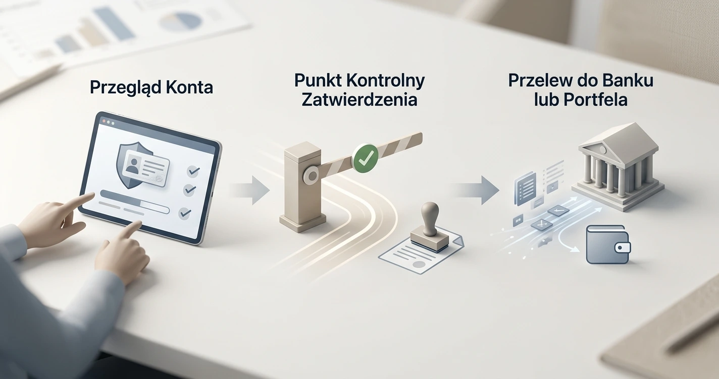 Neutralna ilustracja procesu wypłaty online z etapami kontroli konta i transferu środków bez logo marek